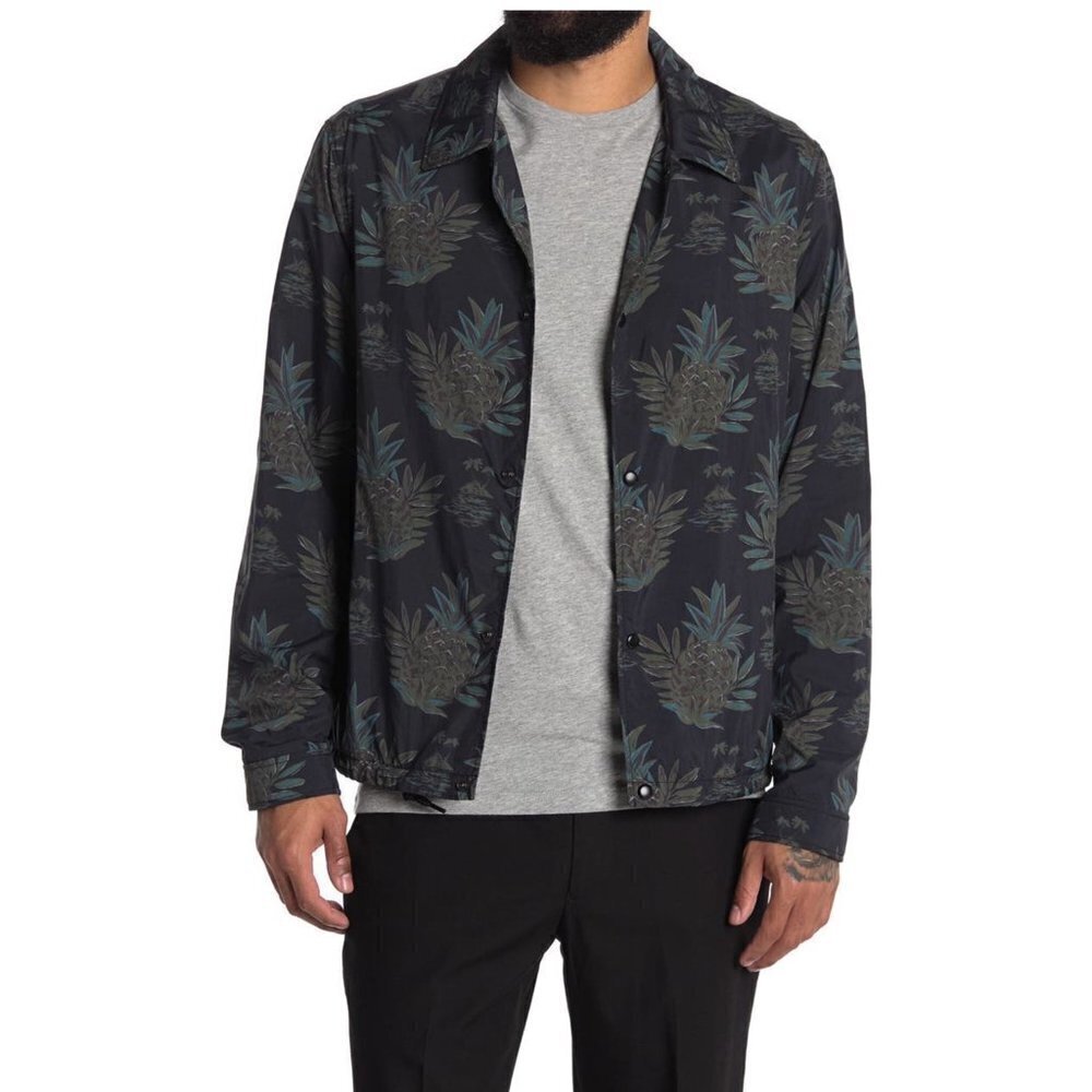 Vince Mens Black Blue Tropical Print Full Zip Pocket Windbreaker Jacket Sz M New
